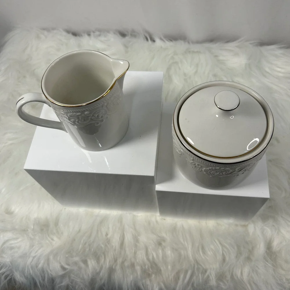 Farberware Calais Creamer & Sugar Bowl Set Stoneware 22K Gold Band‎ 38